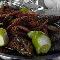 Gebratener Fisch mit Zitronen in El Puerto de Las Nieves von Simon Tingle, spécialité culinaire des îles Canaries, fresh fish plate in Agaete, fritura de pescado en Gran Canaria